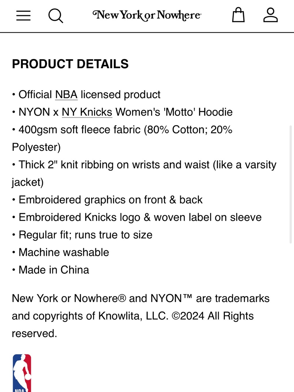 NWT New York or Nowhere Knicks Motto Hoodie - Picture 7 of 7